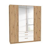 Mosbach 4 Door White & Oak Wardrobe with Mirror and Drawers - 181cm - Pendle Village Furniture